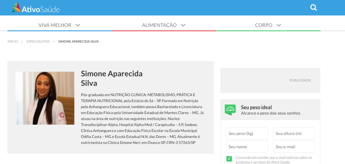 Nutricionista Simone Aparecida Silva